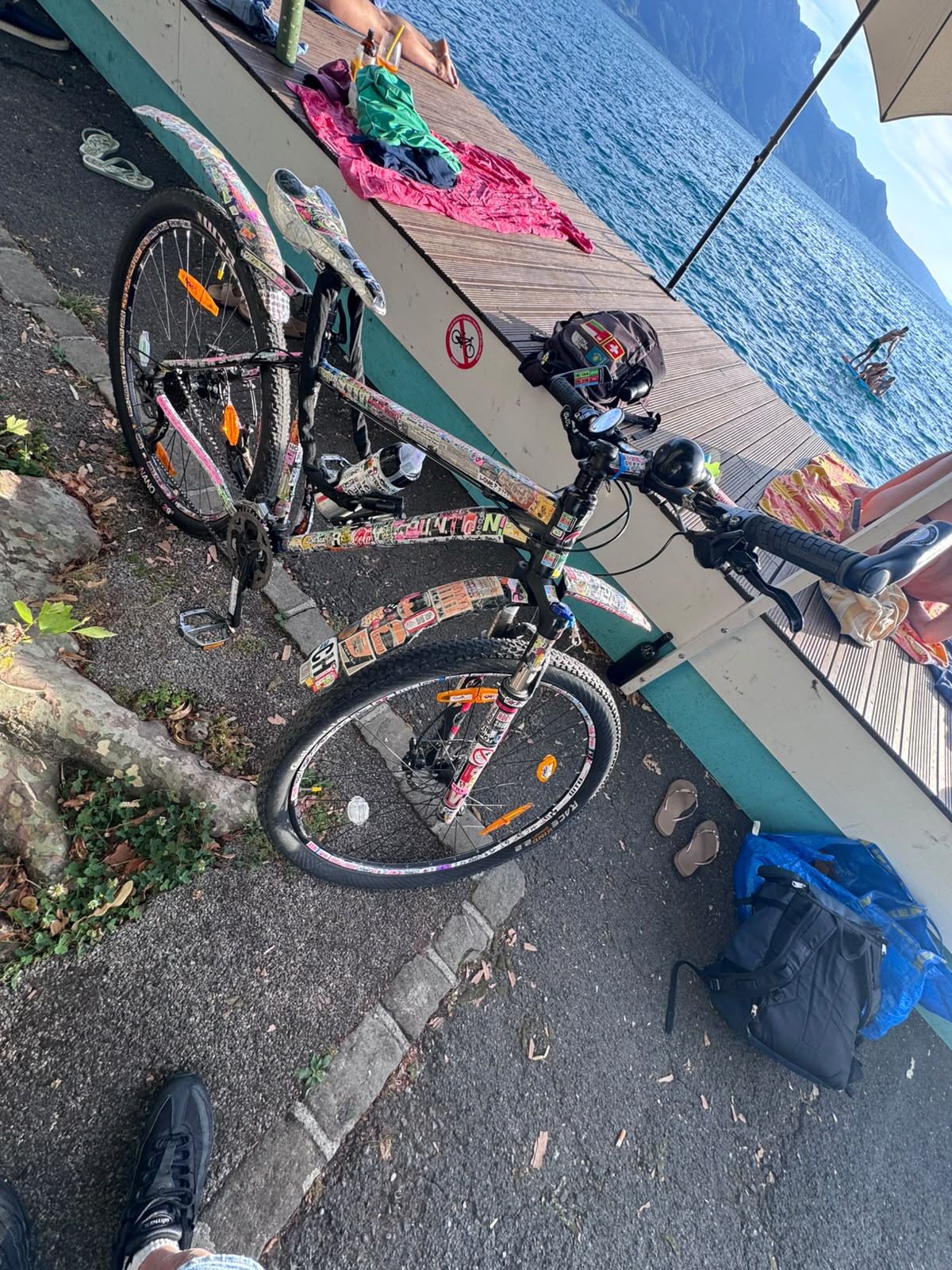 Vélo posé au bord du lac Léman, montagnes en fond